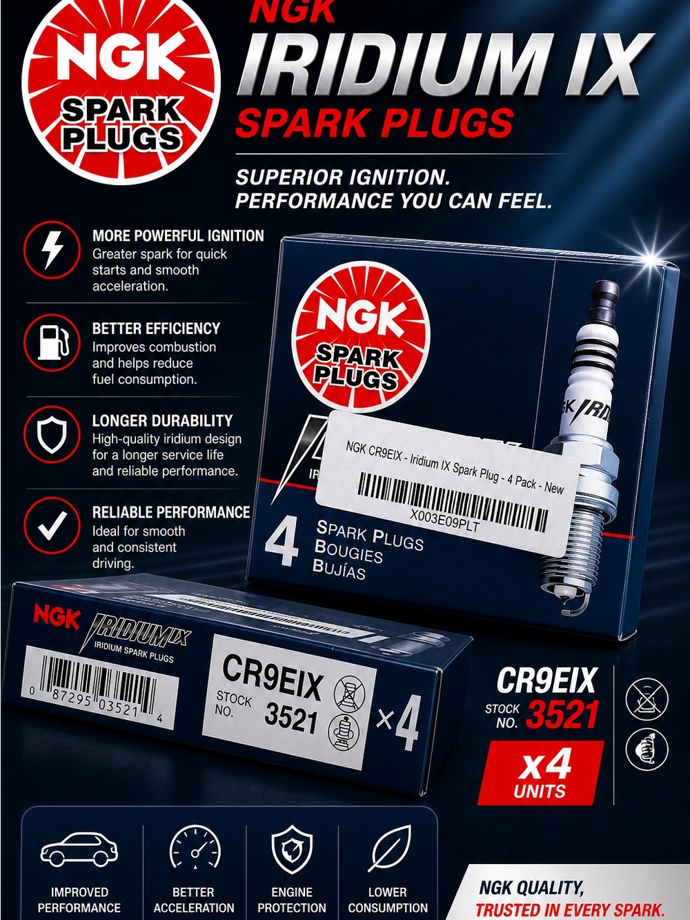 NGK CR9EIX - Iridium IX Spark Plug - 4-Pack/--
Brand New